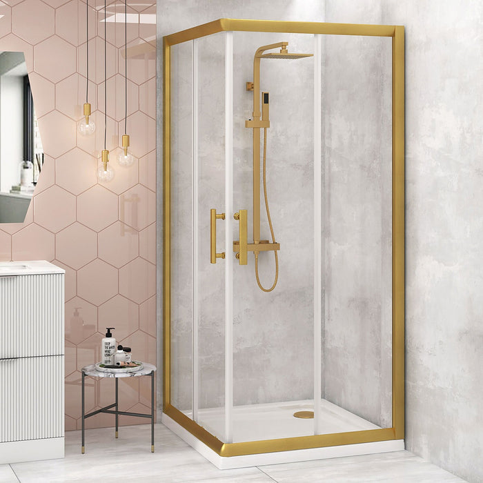 Adjustable 900x1100mm Sliding Door Glass Shower Screen in Gold with Shower Handle Style 2 - Gold