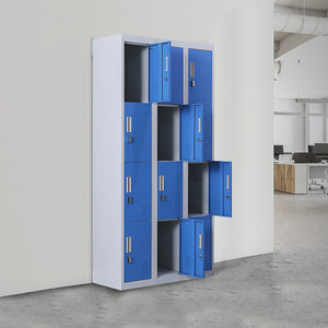 Grey with Blue Door 12-Door Locker for Office Gym Shed School Home Storage - Padlock-operated