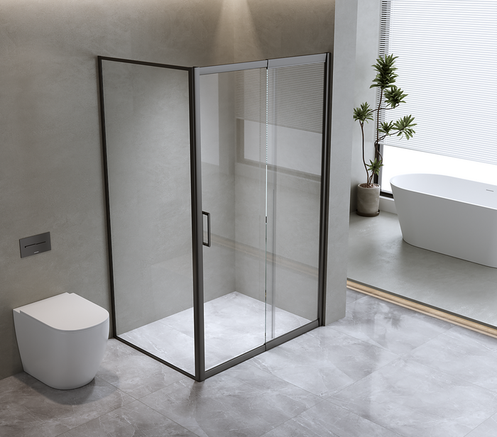 Adjustable 1400x1010mm Single Door Sliding Glass Shower Screen with Shower Handle Style 3 - Black