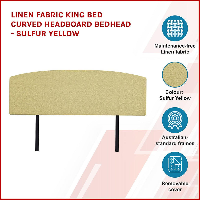 Linen Fabric King Bed Curved Headboard Bedhead Sulfur Yellow King
