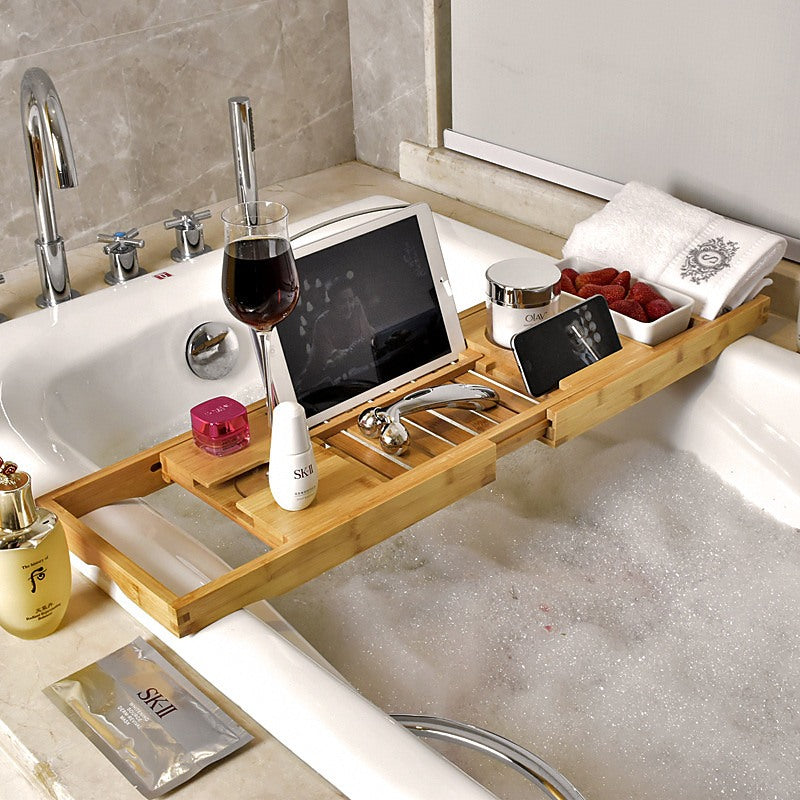 Bathroom Bamboo Bath Caddy Wine Glass Holder Table Tray Bathtub