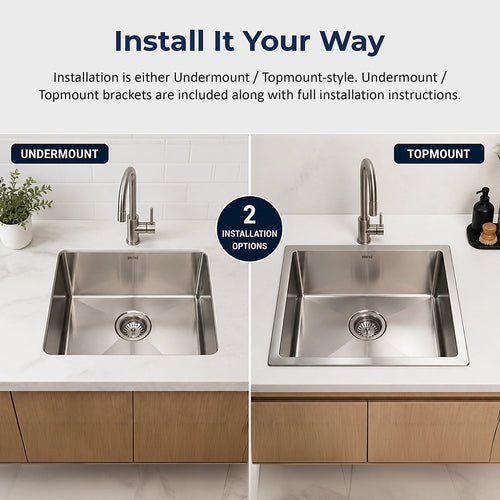 510x450mm Handmade 1.5mm Stainless Steel Sink – Undermount/Topmount with Waste & Stainless Steel with brushed finish Look