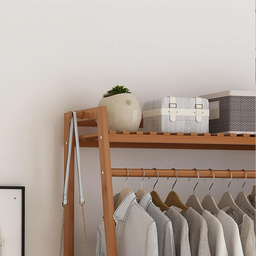 Portable Clothes Rack Coat Garment Stand Bamboo Rail - Dark Wood