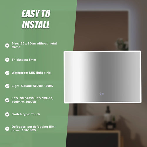 Rectangular Mirror LED Anti-Fog Illuminated Bathroom Living Room - 120 x 80cm