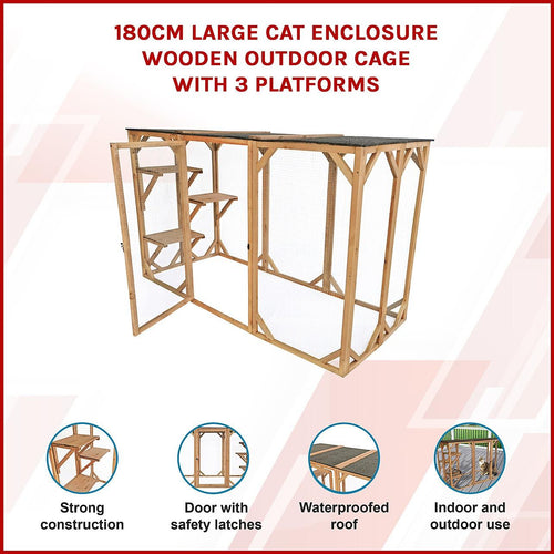 180cm Large Cat Enclosure Wooden Outdoor Cage with 3 Platforms