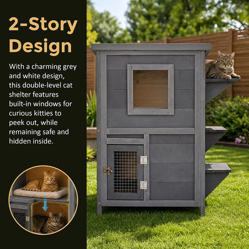 2-Story Wooden Cat House – Weatherproof Indoor/Outdoor Pet Shelter with Bitumen Roof