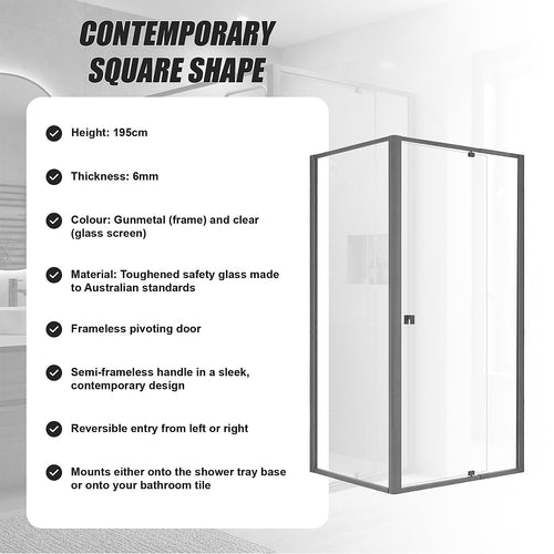 Semi-Frameless Shower Screen – Gunmetal, Front: (114~122)x195cm, Side: (89~92)x195cm