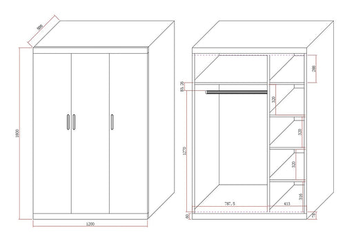 3 Door White Wardrobe – Black Handles, Hanging Rail & Shelves
