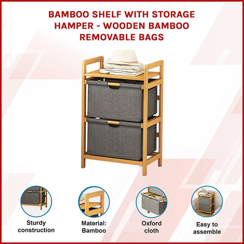 Bamboo Shelf with Storage Hamper – Wooden Organiser Rack with 2 Removable Laundry Bags
