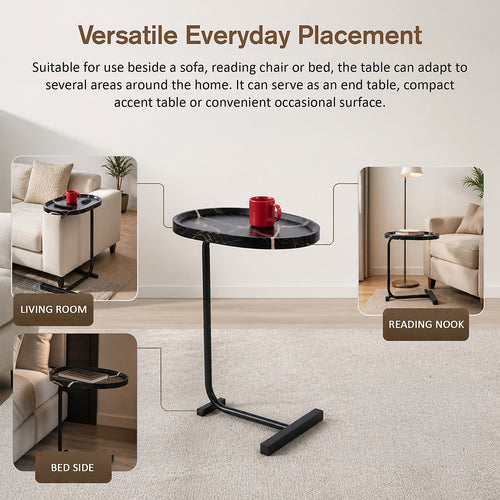 C-Shaped Side Table – Black Faux Marble for Small Spaces