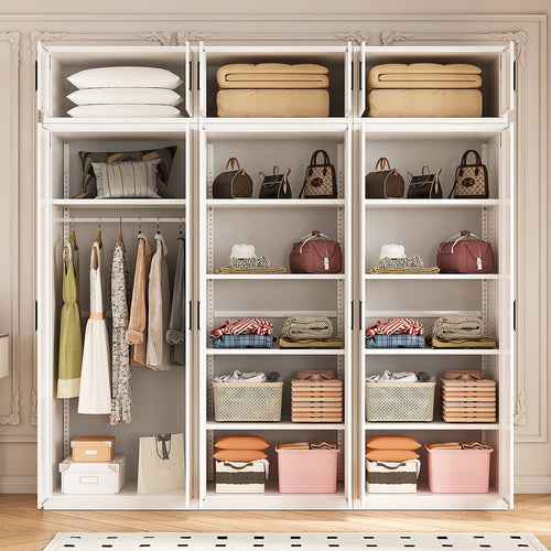 240x240cm 6-Door White Steel 1 Hanging and 2 Shelf Wardrobe with Black Handle Storage Cabinet