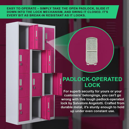 12-Door Locker – Grey with Pink Door with Padlock-operated | Secure Storage for Office, Gym or School Use