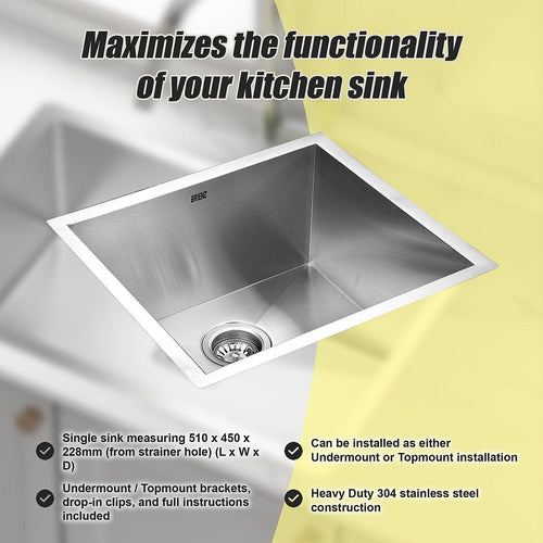 510x450mm Stainless Steel Handmade 1.0mm Sink with Waste in Stainless Steel Finish