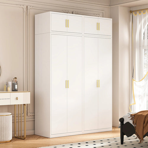 160x240cm 4-Door White Steel Shelf Wardrobe with Gold Handle Storage Cabinet