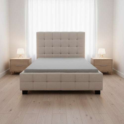 King Single Deluxe Beige Linen Fabric Upholstered Bed Frame with Headboard & Slats