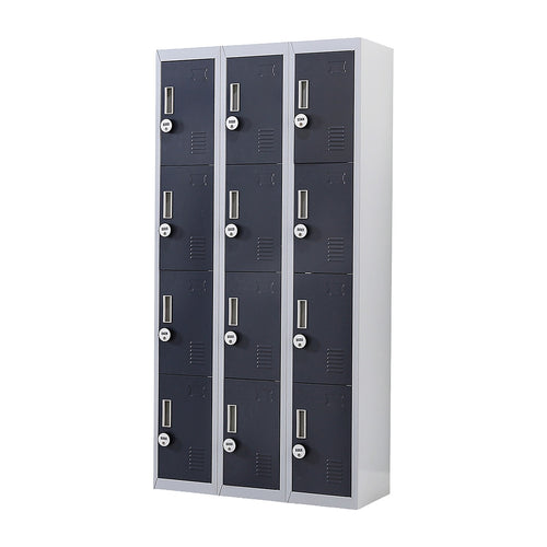 12-Door Steel Locker – Grey with Charcoal Door, 4-Digit Combination Lock