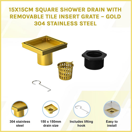 15 x 15cm Square Shower Drain with Tile Insert Grate – Gold Stainless Steel