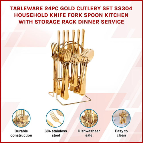 Tableware 24PC Gold Cutlery Set SS304 Household Knife Fork Spoon Kitchen with Storage Rack Dinner Service