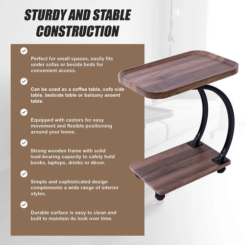 C-Shaped Corner End Table with Wheels Sofa Side Table