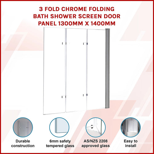 3 Fold CHROME Folding Bath Shower Screen Door Panel - 130 x 140cm Right