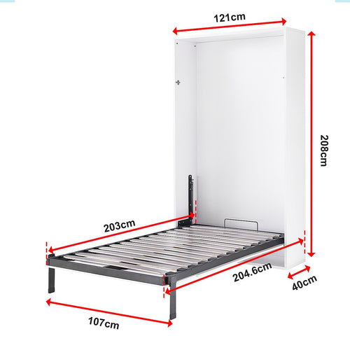 King-single Wall Bed in White Gloss – Space Saving Murphy Bed Kit with Silver Door Handle