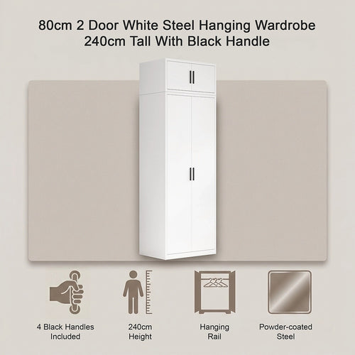 80x240cm 2-Door White Steel Hanging Wardrobe with Black Handle Storage Cabinet