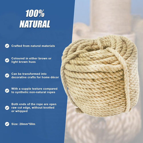 Sisal Rope Natural Jute Hemp Manila Twine Cord 20mm x 50m