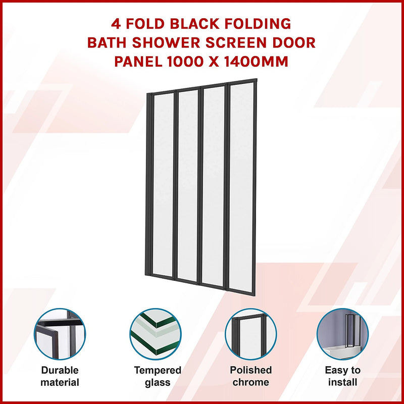 4 Fold Bath Shower Screen | 100x140cm Black Hardware Door – Australia ...
