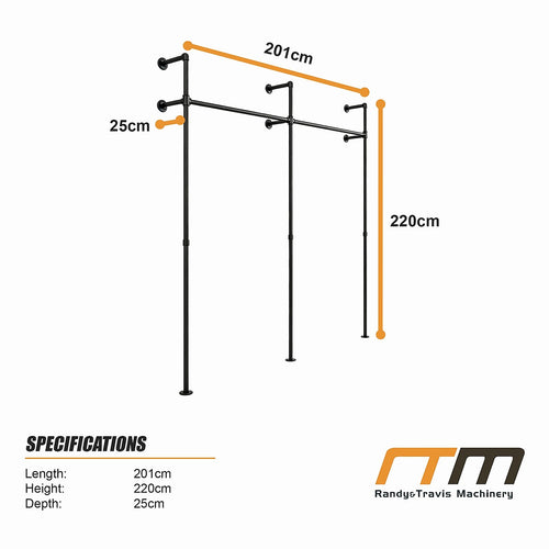 Industrial Pipe Clothes Rack Wall Mounted 201cm Heavy Duty Black