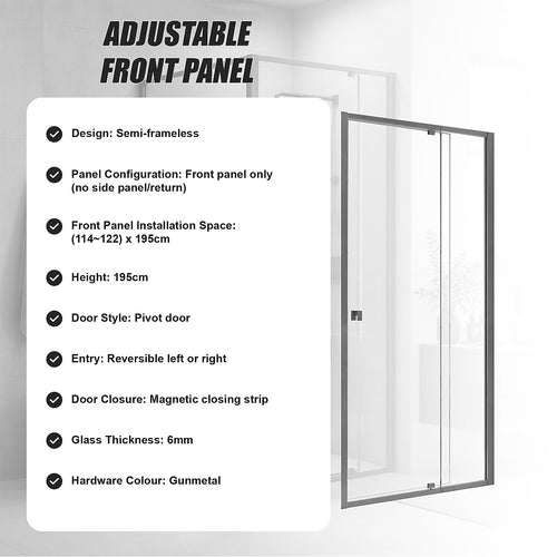 Semi-Frameless Shower Screen – Gunmetal, Front: (114~122)x195cm, No Side Return