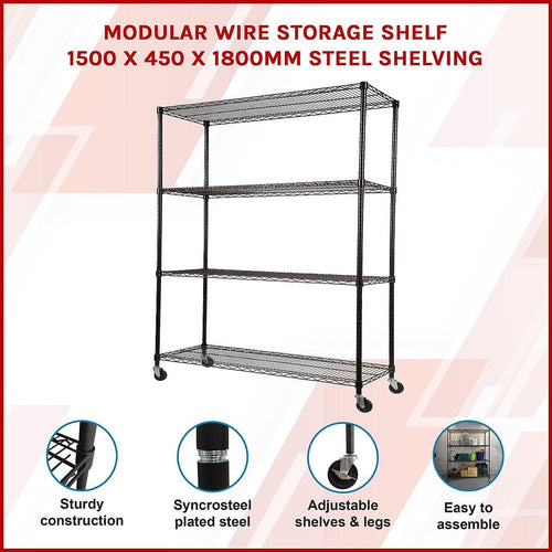 Modular Wire Storage Shelf 1500 x 450 x 1920mm Steel Shelving - Baking Black Technology with Wheels