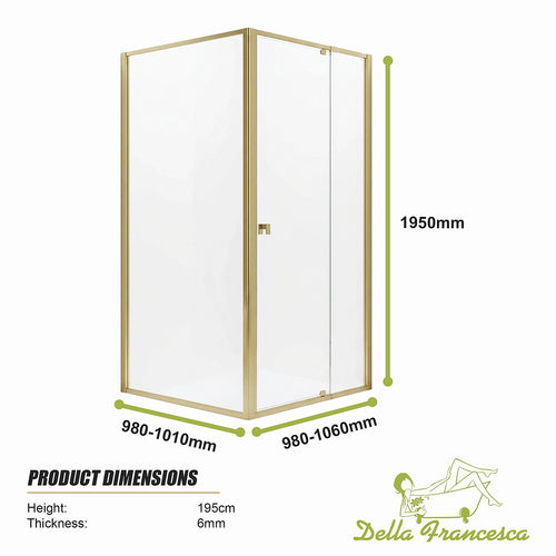 Adjustable Semi Frameless Shower Screen Front: (98~106)x195cm with Gold Hardware and Side: (98~101)x195cm