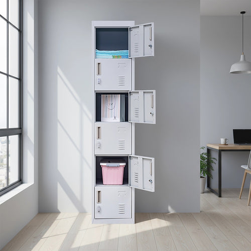6-Door Grey Metal Locker Cabinet – Vertical Storage with Padlock-operated for Office, School