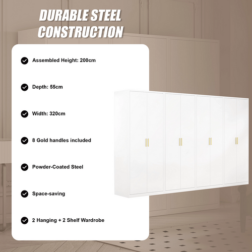320x200cm 8-Door White Steel 2 Hanging and 2 Shelf Wardrobe with Gold Handle Storage Cabinet