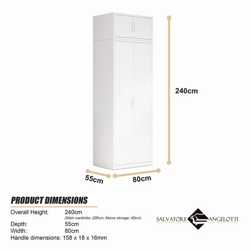 80x240cm 2-Door White Steel Shelf Wardrobe with White Handle Storage Cabinet