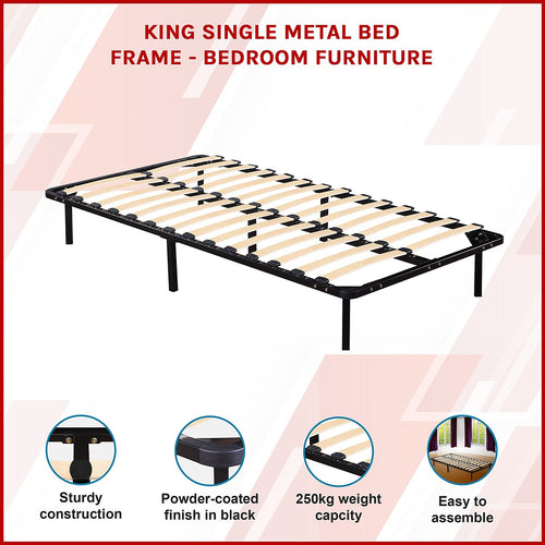 King Single Metal Bed Base with Slats – Heavy-Duty Steel Frame
