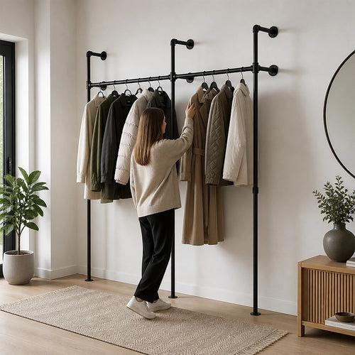 Industrial Pipe Clothes Rack Wall Mounted 201cm Heavy Duty Black