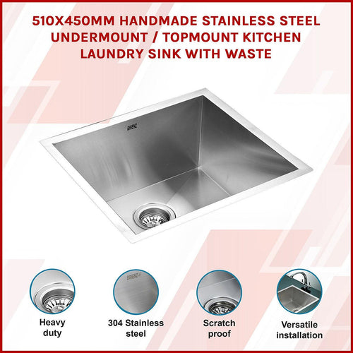 510x450mm Stainless Steel Handmade 1.0mm Sink with Waste in Stainless Steel Finish