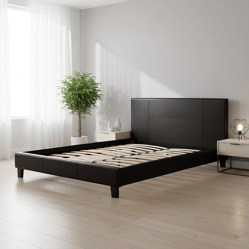 Queen Size Bed Frame with Headboard – Black PU Leather