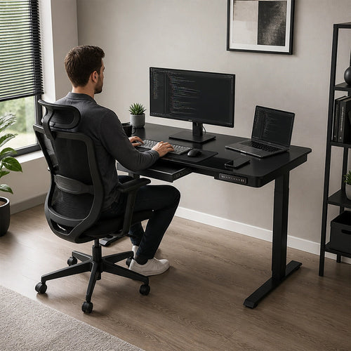 Electric Standing Desk 120x60cm Black Glass with Drawer & Wireless Charger