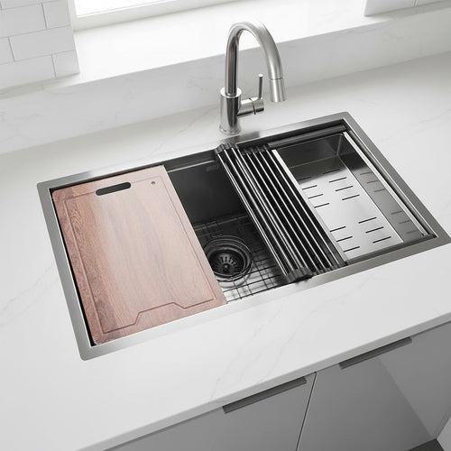 32" Workstation Kitchen Sink – Single Bowl Design with Nano Finish in Stainless Steel