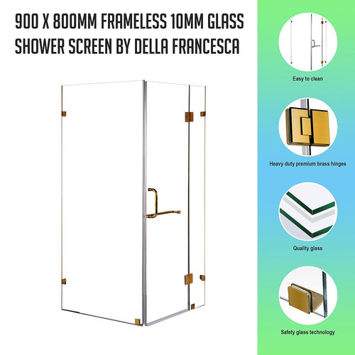 Frameless 10mm Glass Shower Screen 90 x 80cm GOLD Hinges/Brackets and ROUND Handle