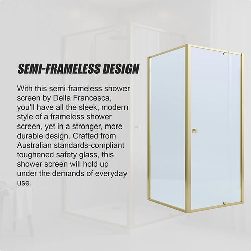 Adjustable Semi Frameless Shower Screen Front: (74~82)x195cm with Gold Hardware and Side: (98~101)x195cm