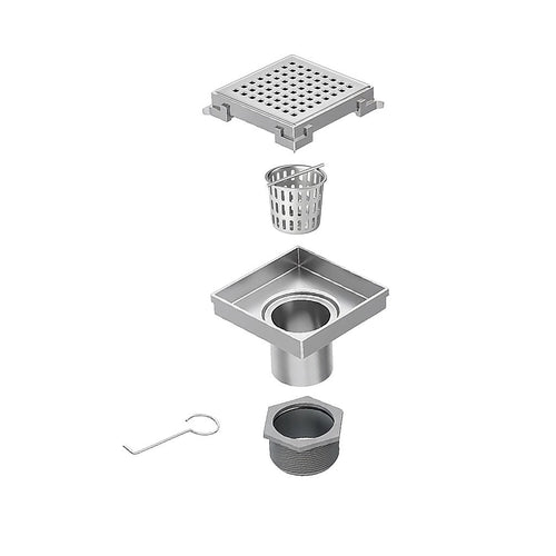 10 x 10cm Square Shower Drain with Grid Pattern Grate – Chrome Stainless Steel