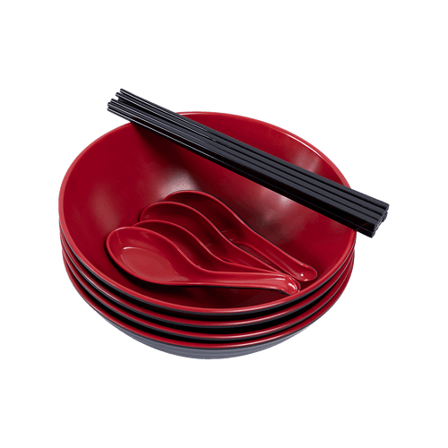 (12 Piece) Ramen Noodle Bowl with Spoon and Chopsticks Black Red
