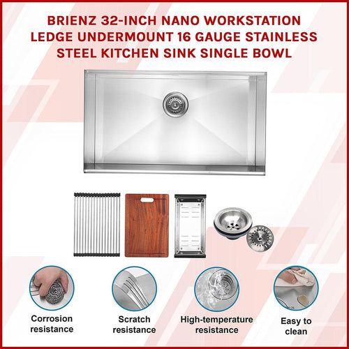 BRIENZ 32-inch Nano Workstation Ledge Undermount 16 Gauge Stainless Steel Kitchen Sink Single Bowl in Stainless Steel