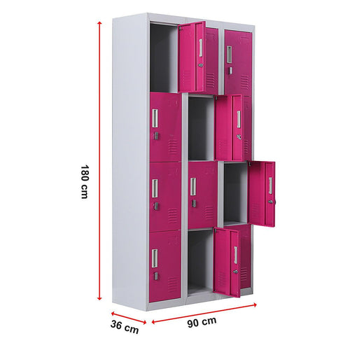 Grey with Pink Door 12-Door Locker for Office Gym Shed School Home Storage - Padlock-operated