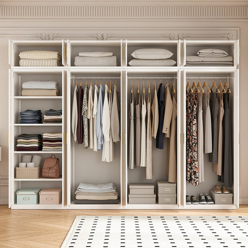 320x240cm 8-Door White Steel 3 Hanging and 1 Shelf Wardrobe with Gold Handle Storage Cabinet