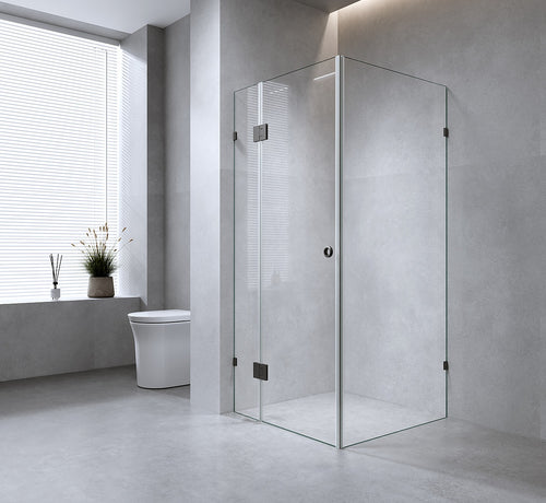 90x70cm Corner Frameless Shower Screen with Gunmetal Brackets and Brass Hinges - Wall & Floor U Brackets