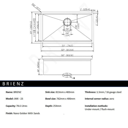 BRIENZ 32-inch Nano Workstation Ledge Undermount 16 Gauge Stainless Steel Kitchen Sink Single Bowl in Gold with sand-finish